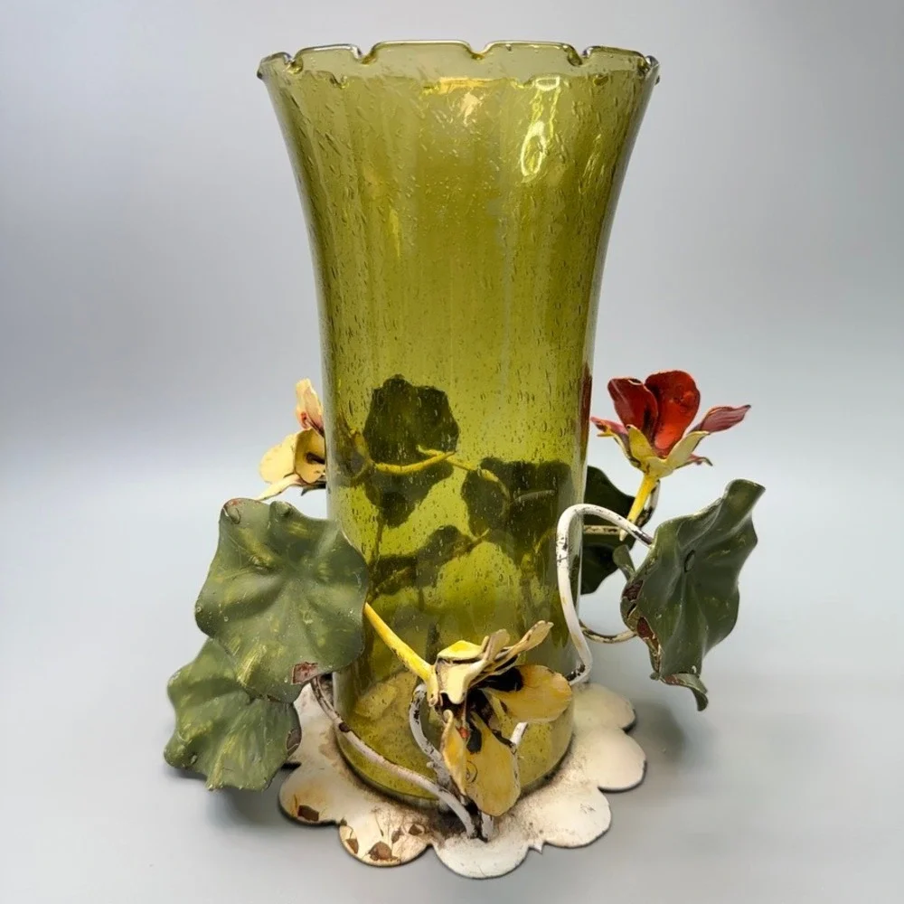 Vintage Walter Hatches Floral Tole Green Hurricane Glass Table Candle Holder